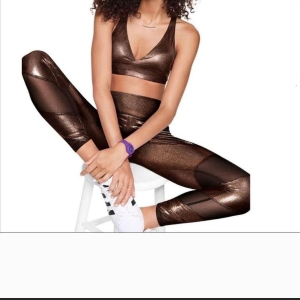 PINK Victoria's Secret Gold Bronze Metallic Leggings Mesh Detail Large L